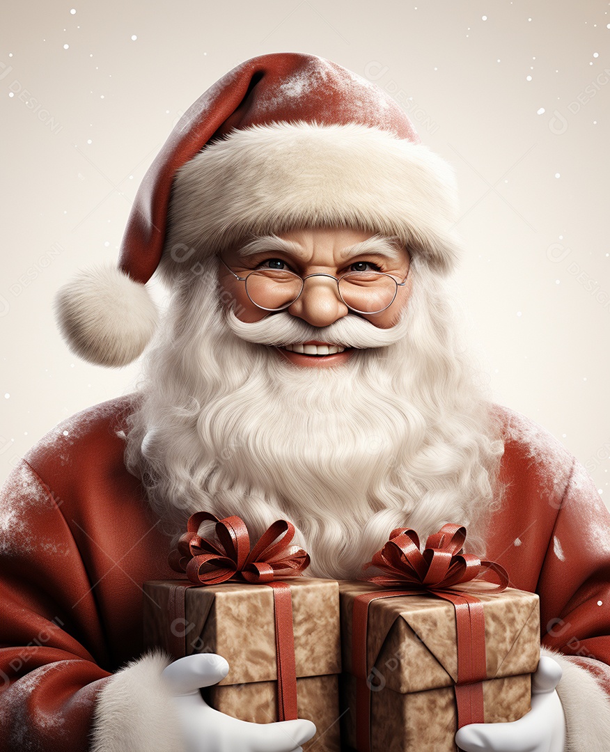 Papai Noel 3d com algumas caixas de presente em fundo branco transparente