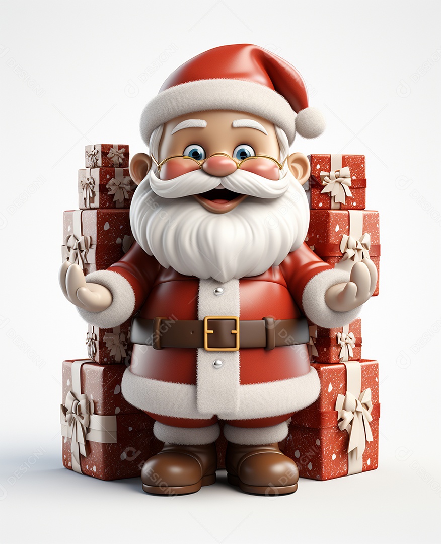 Papai Noel 3d com algumas caixas de presente em fundo branco transparente