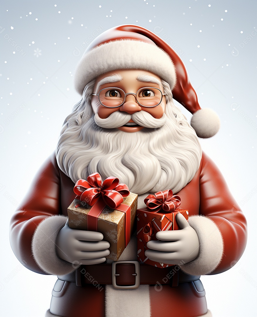 Papai Noel 3d com algumas caixas de presente em fundo branco transparente