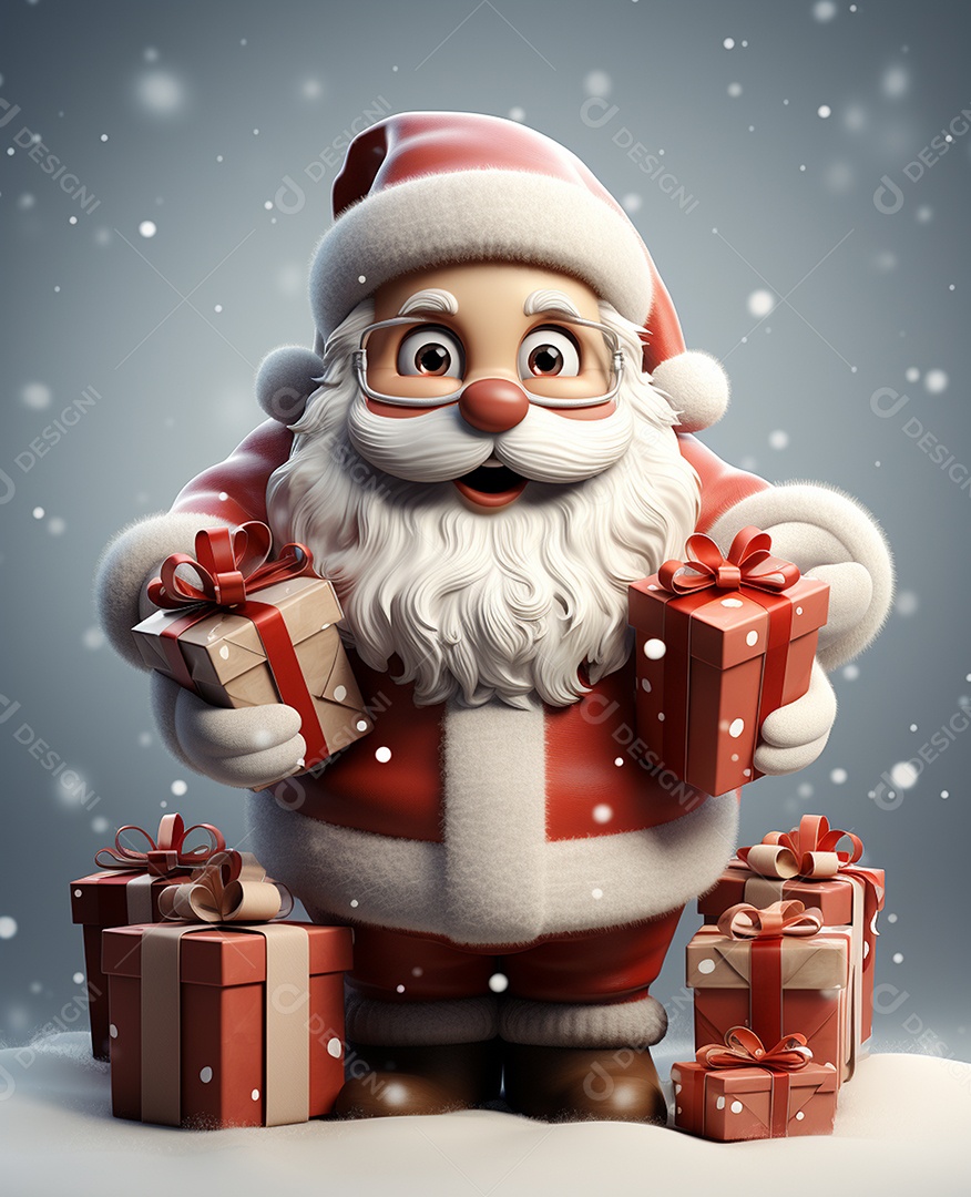 Papai Noel 3d com algumas caixas de presente em fundo branco transparente
