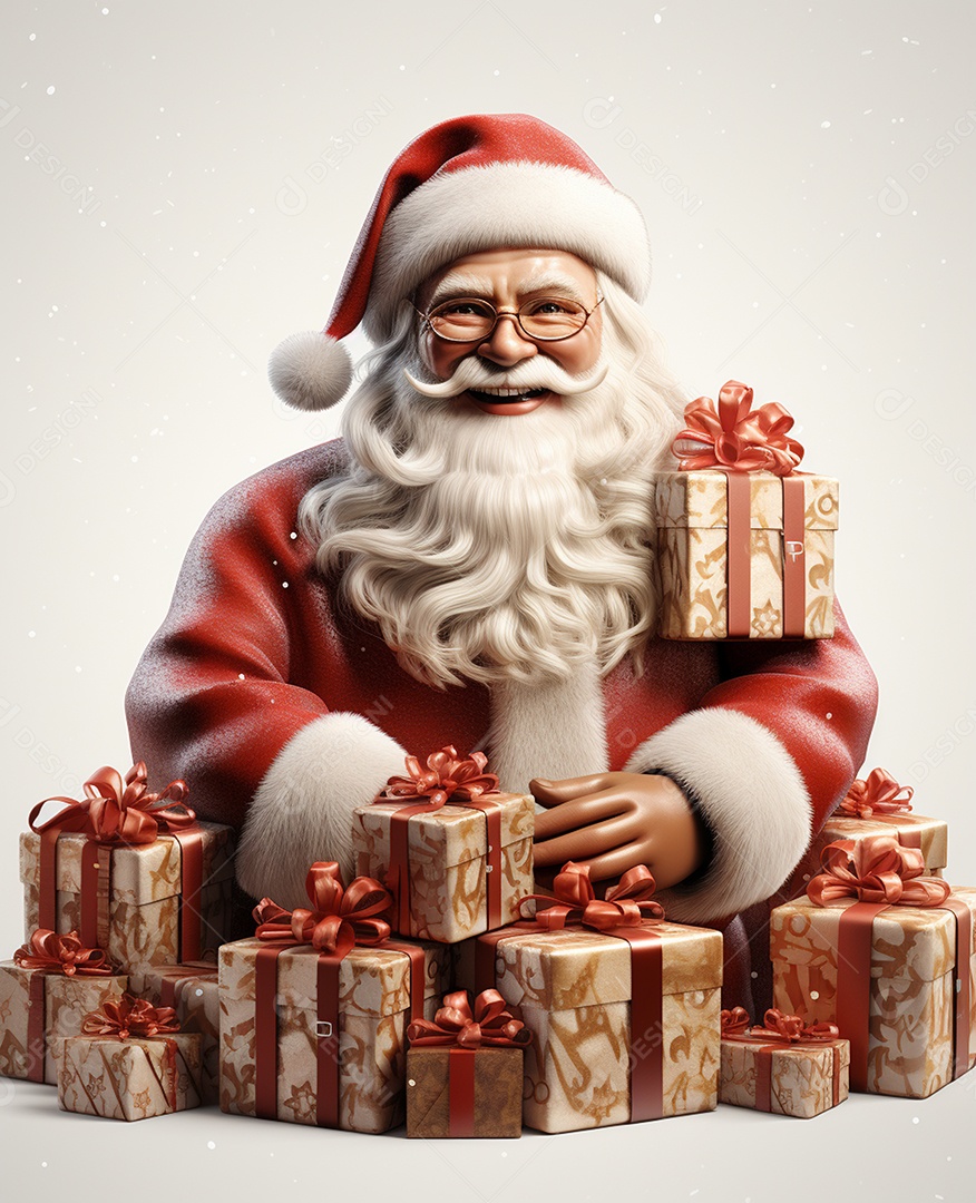 Papai Noel 3d com algumas caixas de presente em fundo branco transparente