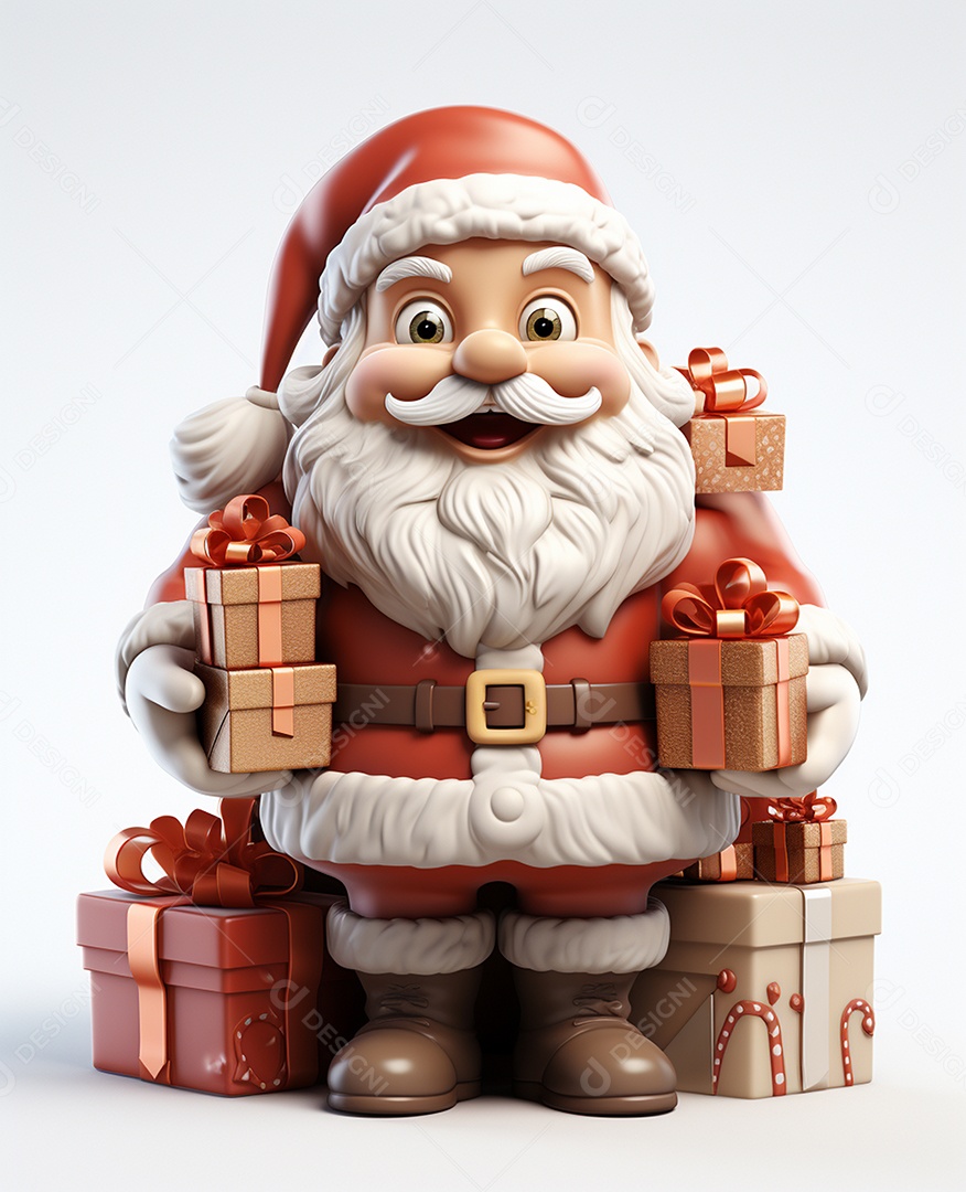 Papai Noel 3d com algumas caixas de presente em fundo branco transparente