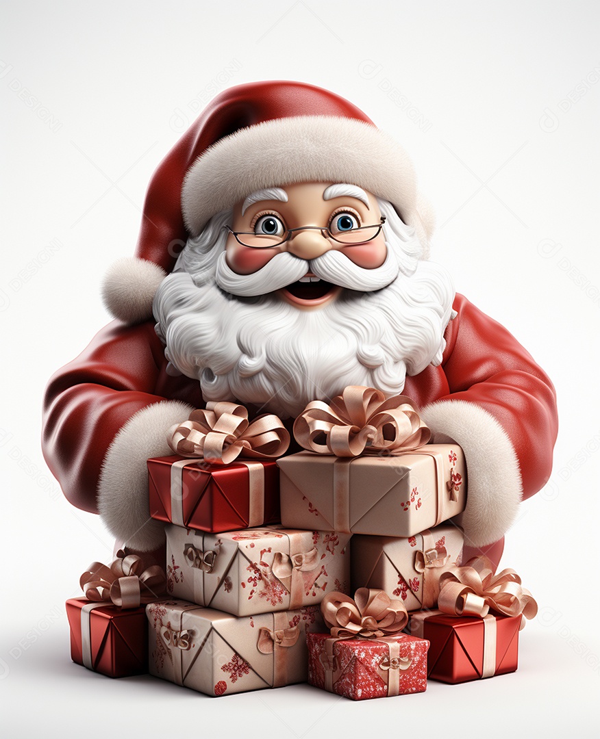Papai Noel 3d com algumas caixas de presente em fundo branco transparente