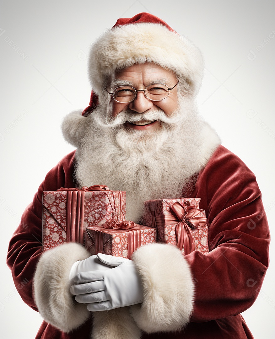 Papai Noel 3d com algumas caixas de presente em fundo branco transparente