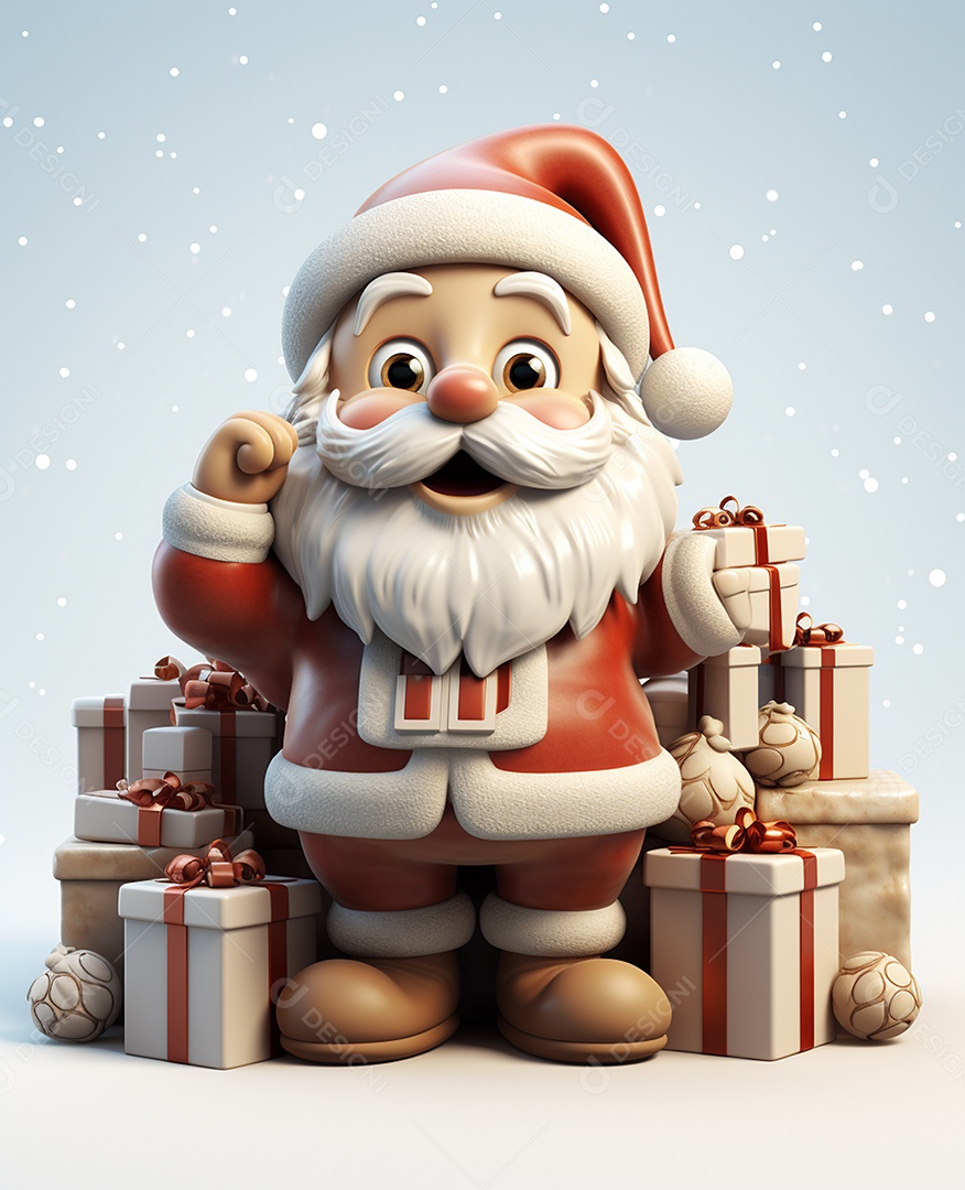 Papai Noel 3d com algumas caixas de presente em fundo branco transparente