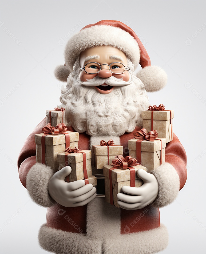 Papai Noel 3d com algumas caixas de presente em fundo branco transparente