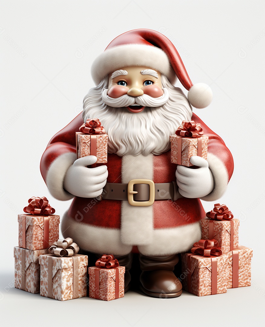 Papai Noel 3d com algumas caixas de presente em fundo branco transparente