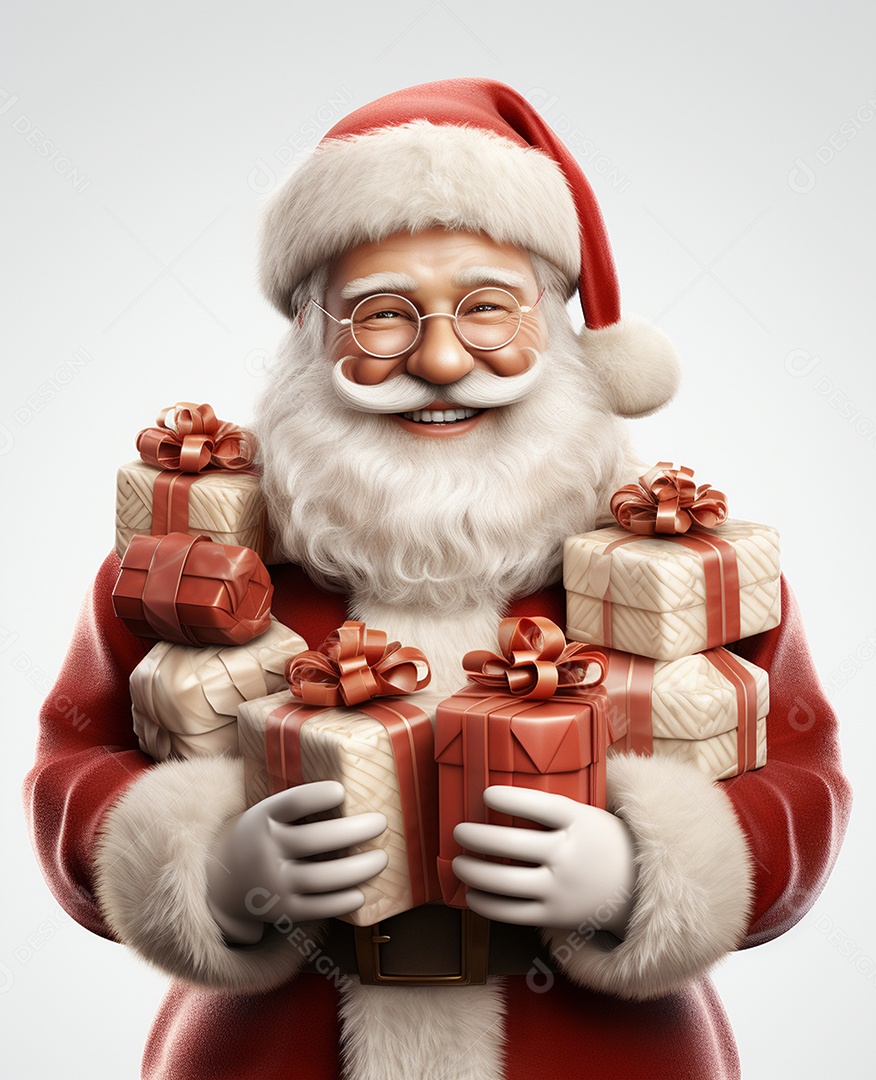 Papai Noel 3d com algumas caixas de presente em fundo branco transparente