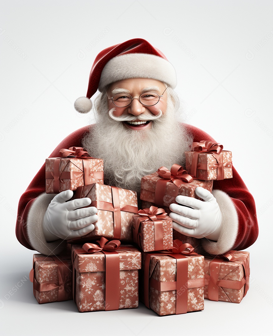Papai Noel 3d com algumas caixas de presente em fundo branco transparente