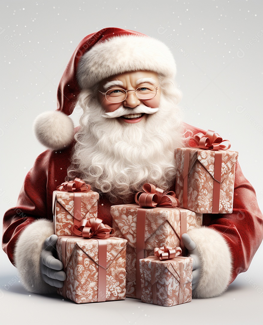 Papai Noel 3d com algumas caixas de presente em fundo branco transparente