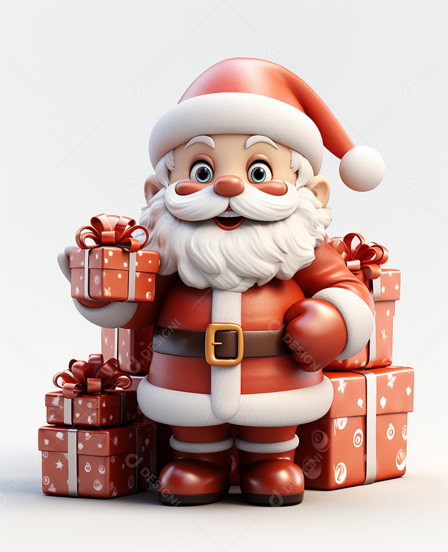 Papai Noel 3d com algumas caixas de presente em fundo branco transparente