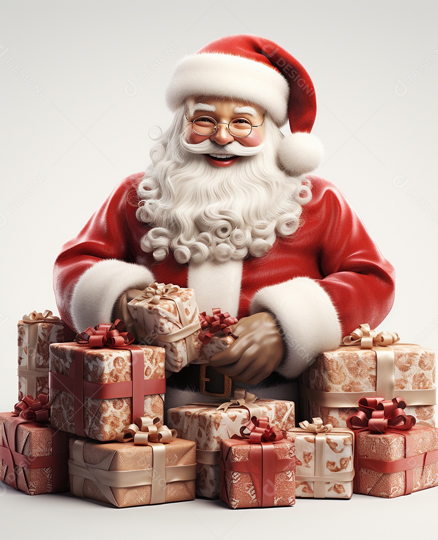 Papai Noel 3d com algumas caixas de presente em fundo branco transparente