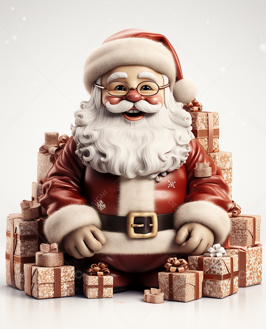 Papai Noel 3d com algumas caixas de presente em fundo branco transparente