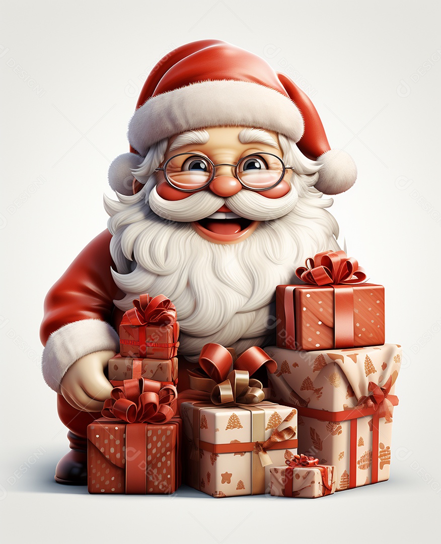 Papai Noel 3d com algumas caixas de presente em fundo branco transparente