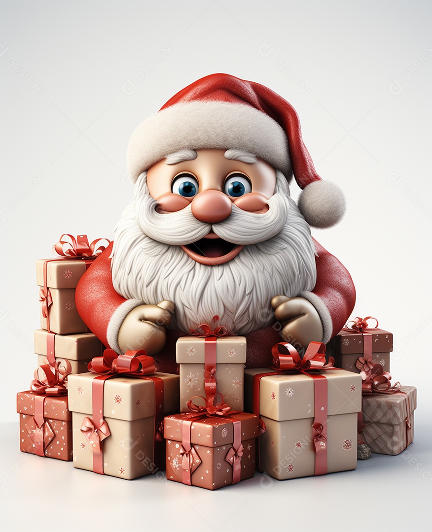 Papai Noel 3d com algumas caixas de presente em fundo branco transparente