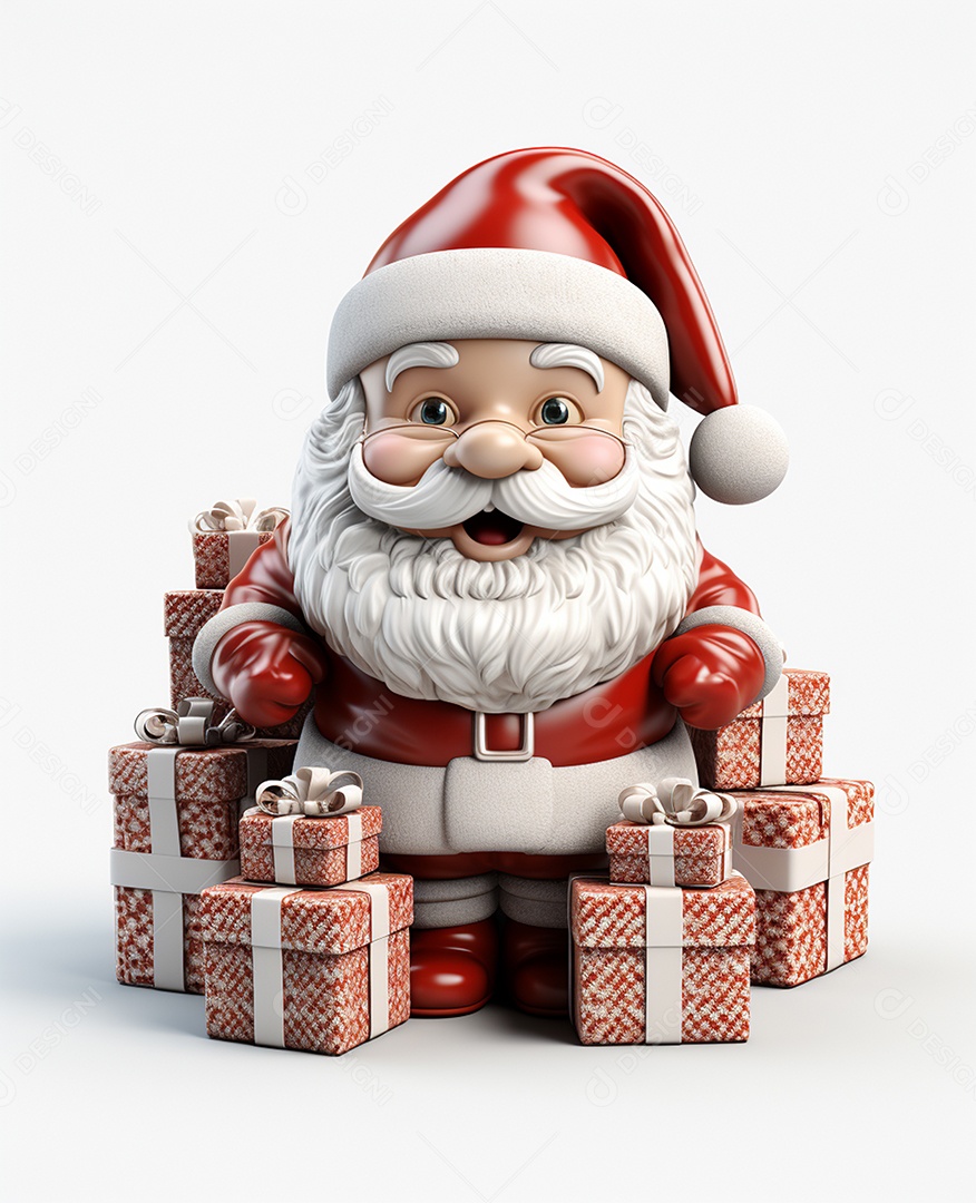 Papai Noel 3d com algumas caixas de presente em fundo branco transparente