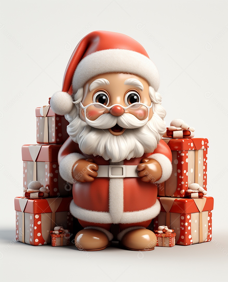 Papai Noel 3d com algumas caixas de presente em fundo branco transparente