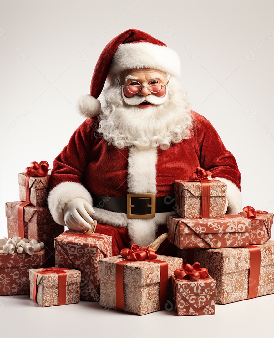 Papai Noel 3d com algumas caixas de presente em fundo branco transparente