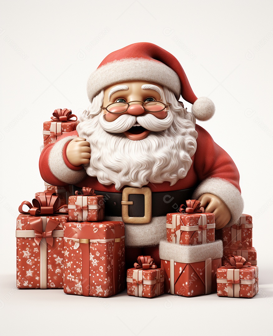 Papai Noel 3d com algumas caixas de presente em fundo branco transparente