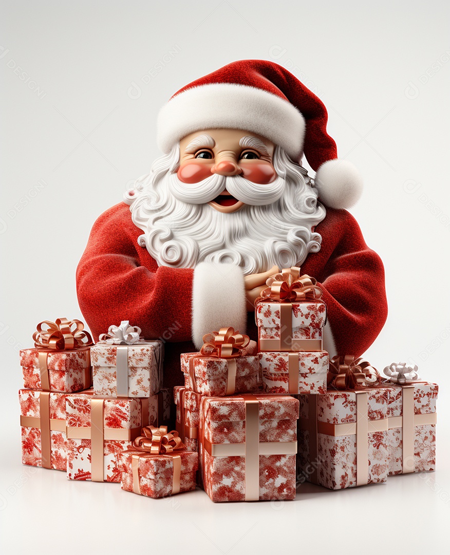 Papai Noel 3d com algumas caixas de presente em fundo branco transparente