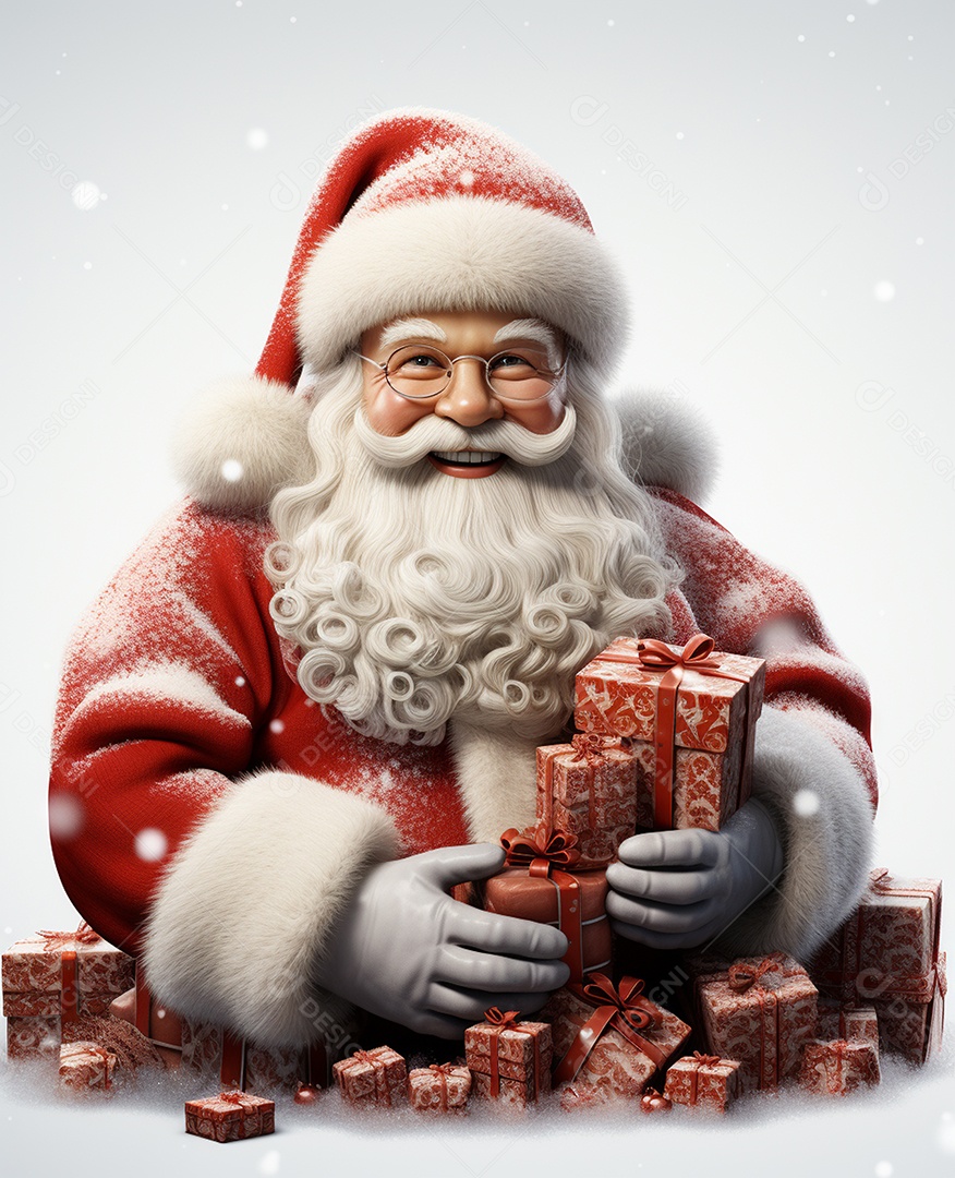 Papai Noel 3d com algumas caixas de presente em fundo branco transparente