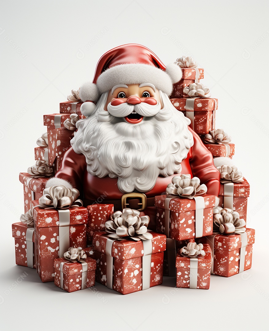 Papai Noel 3d com algumas caixas de presente em fundo branco transparente
