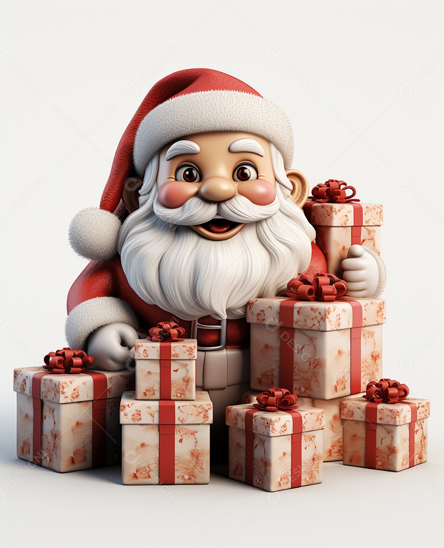 Papai Noel 3d com algumas caixas de presente em fundo branco transparente