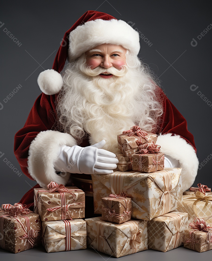 Papai Noel 3d com algumas caixas de presente em fundo branco transparente