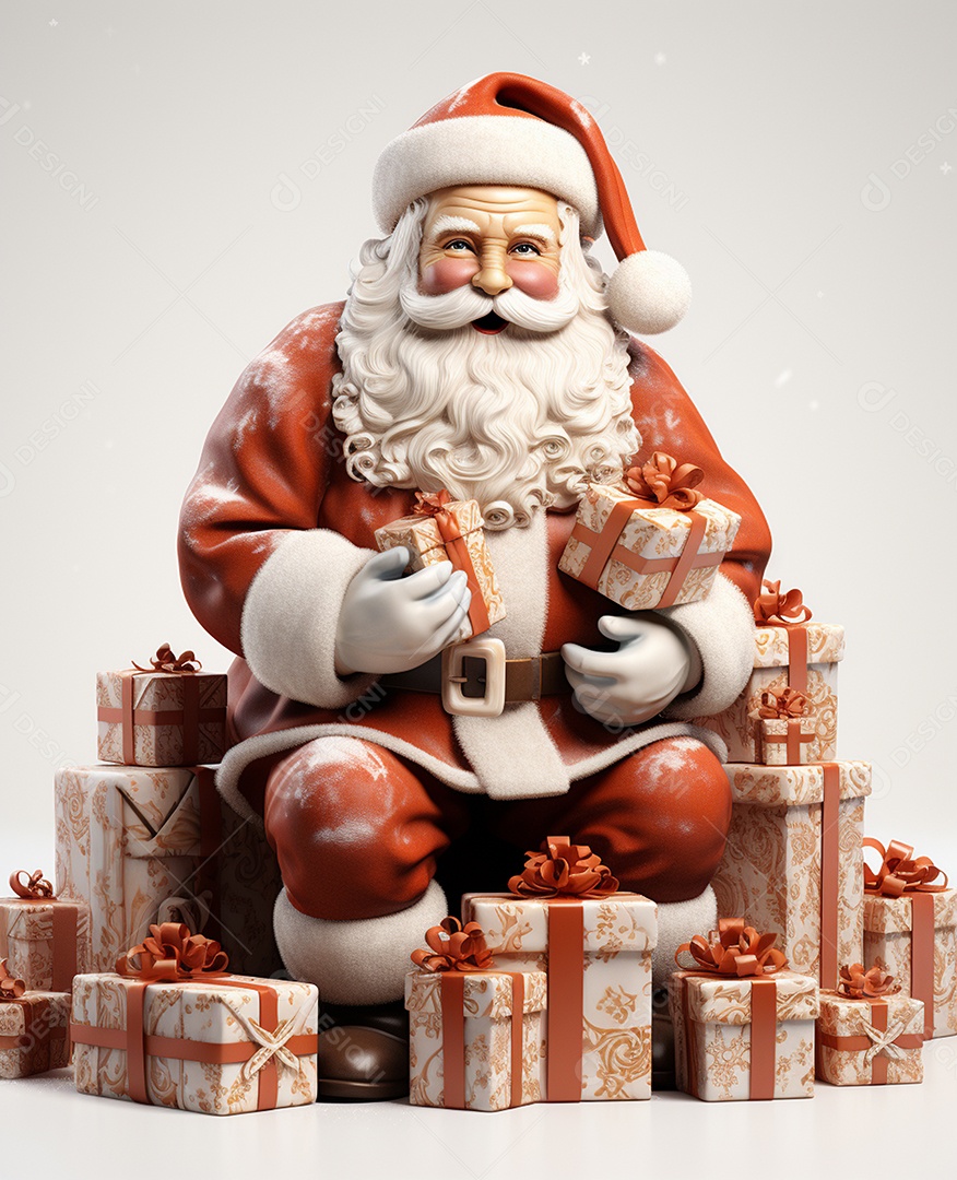 Papai Noel 3d com algumas caixas de presente em fundo branco transparente