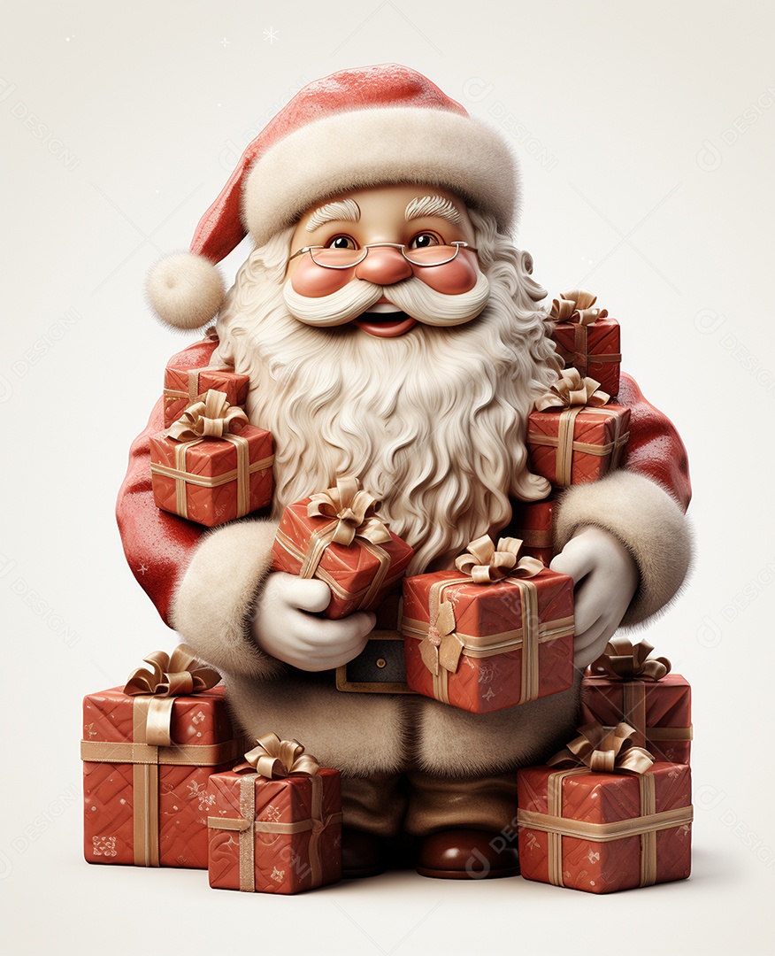 Papai Noel 3d com algumas caixas de presente em fundo branco transparente
