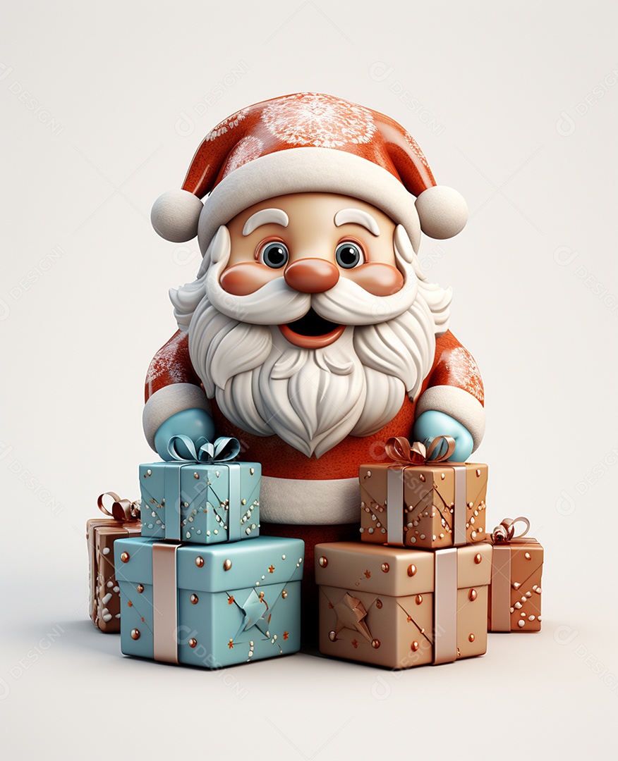 Papai Noel 3d com algumas caixas de presente em fundo branco transparente