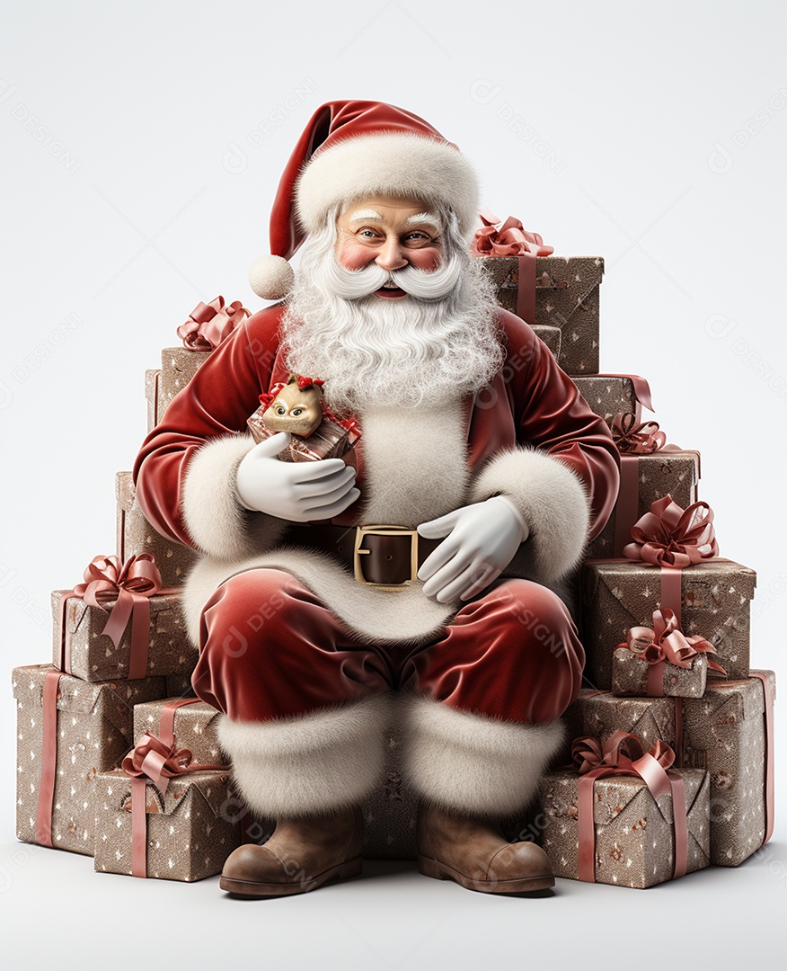Papai Noel 3d com algumas caixas de presente em fundo branco transparente