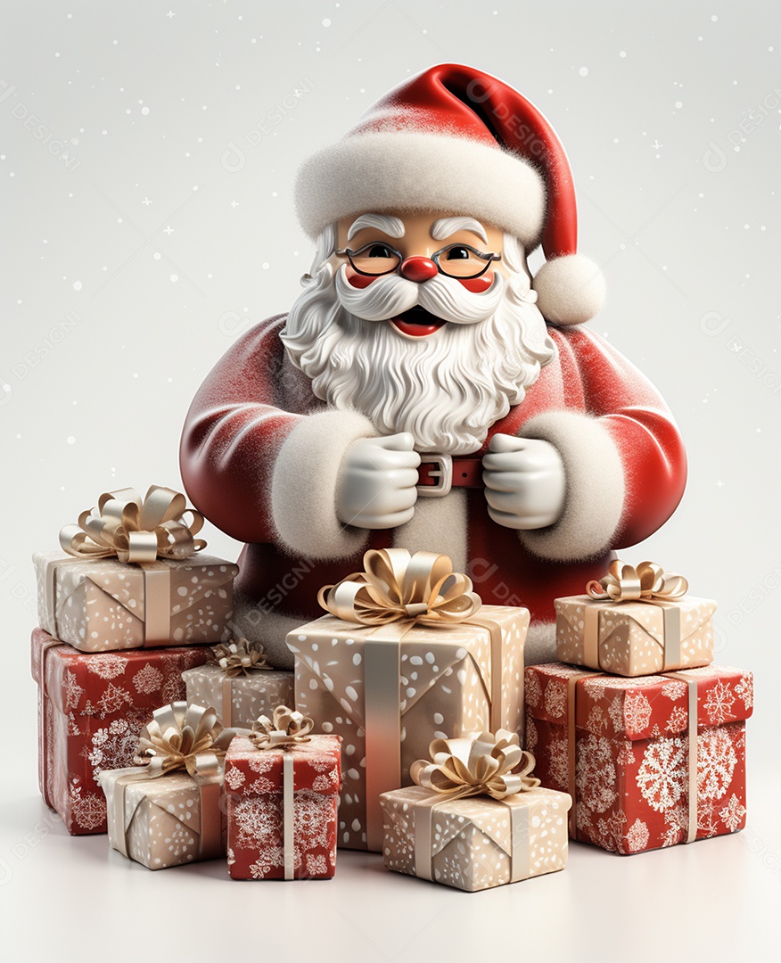 Papai Noel 3d com algumas caixas de presente em fundo branco transparente