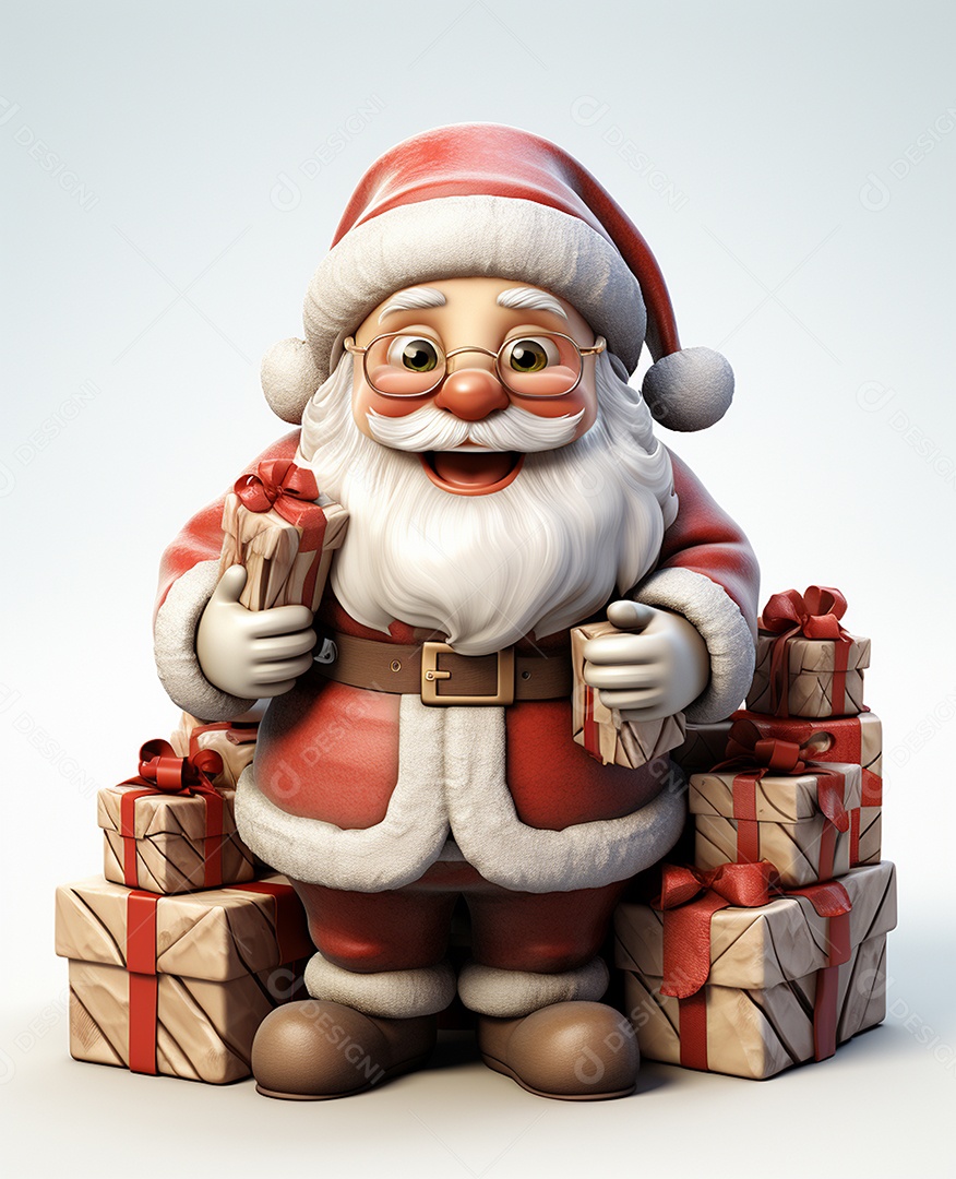 Papai Noel 3d com algumas caixas de presente em fundo branco transparente
