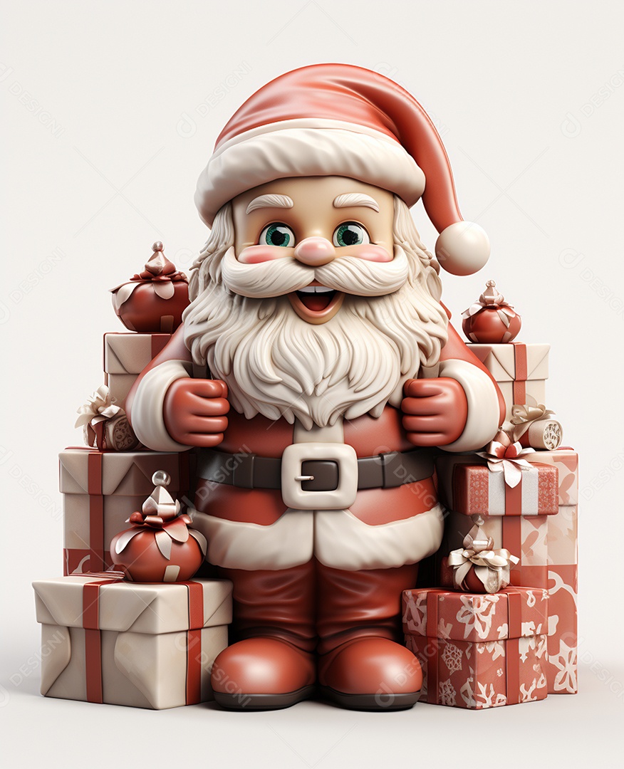 Papai Noel 3d com algumas caixas de presente em fundo branco transparente