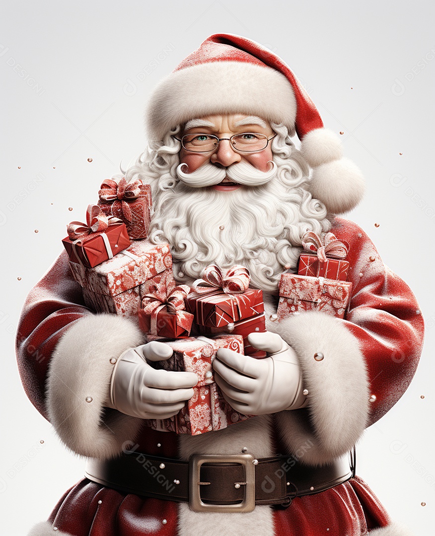 Papai Noel 3d com algumas caixas de presente em fundo branco transparente