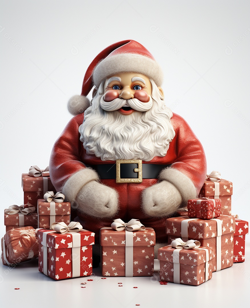 Papai Noel 3d com algumas caixas de presente em fundo branco transparente
