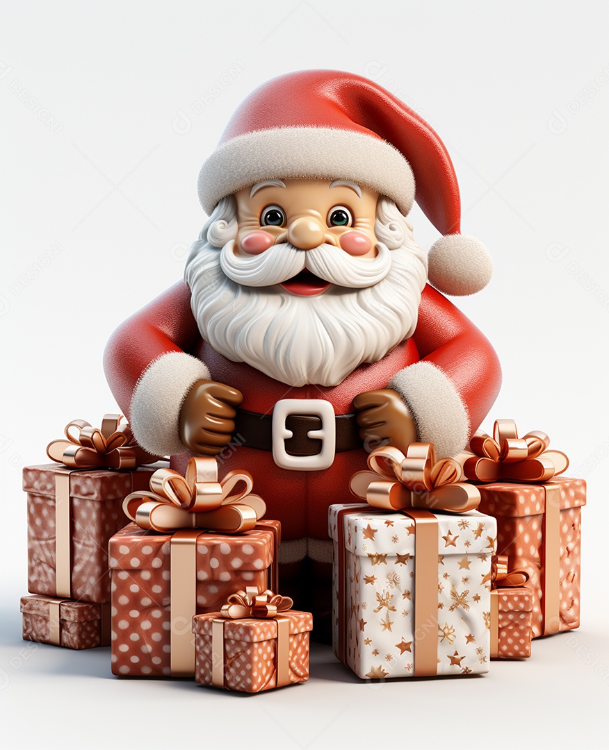 Papai Noel 3d com algumas caixas de presente em fundo branco transparente