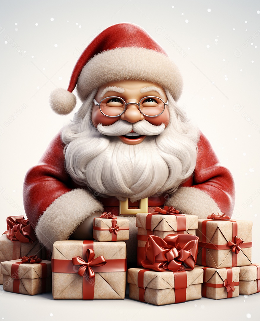 Papai Noel 3d com algumas caixas de presente em fundo branco transparente