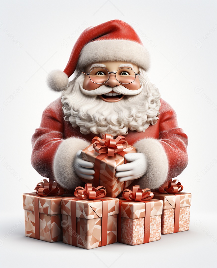 Papai Noel 3d com algumas caixas de presente em fundo branco transparente