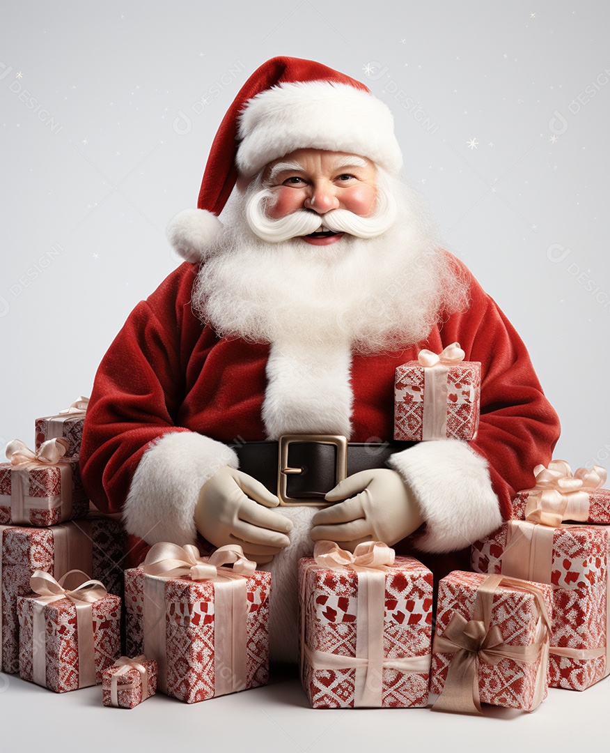 Papai Noel 3d com algumas caixas de presente em fundo branco transparente