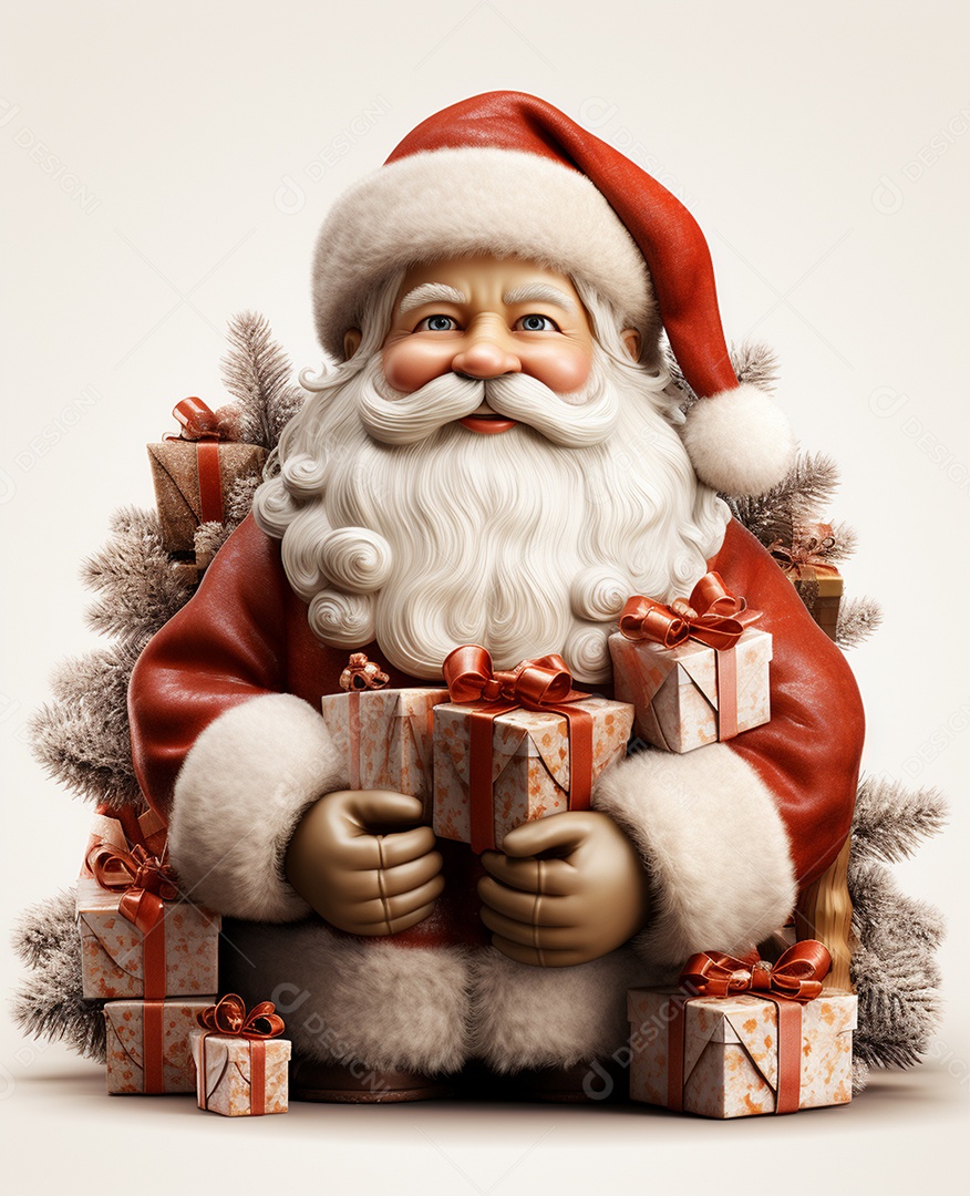Papai Noel 3d com algumas caixas de presente em fundo branco transparente