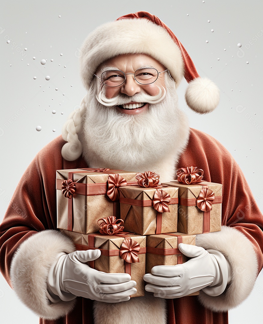 Papai Noel 3d com algumas caixas de presente em fundo branco transparente