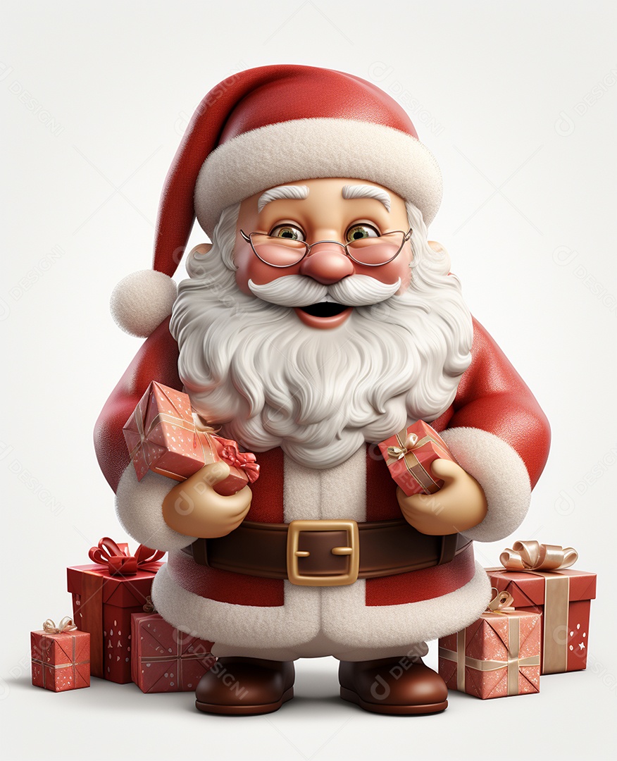 Papai Noel 3d com algumas caixas de presente em fundo branco transparente