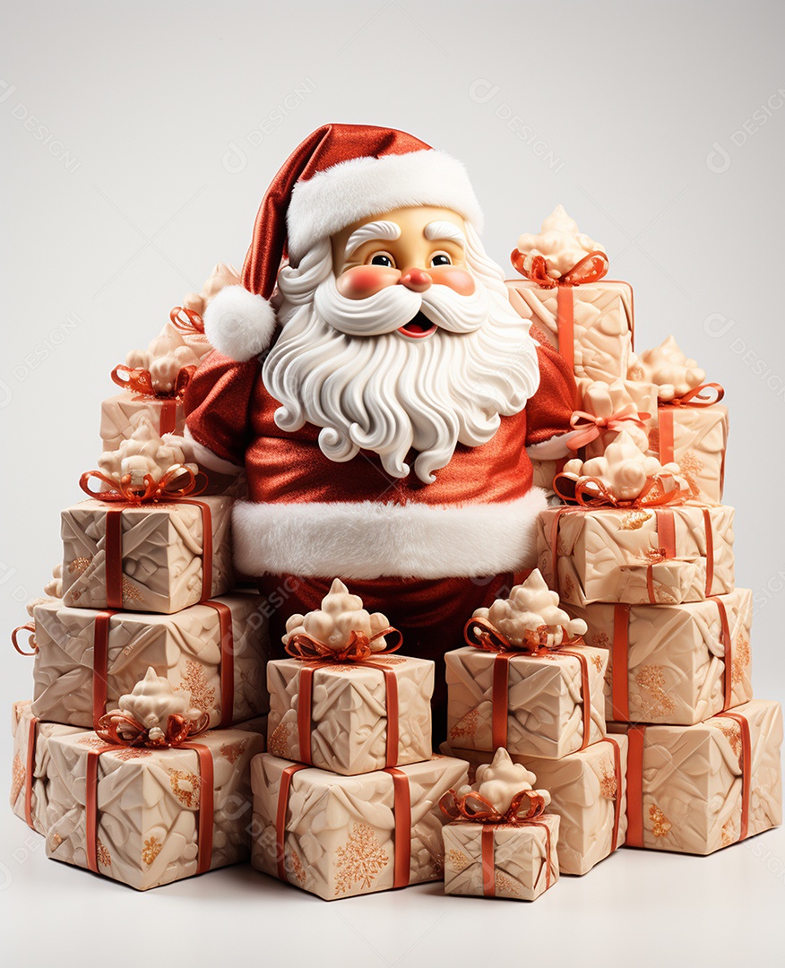 Papai Noel 3d com algumas caixas de presente em fundo branco transparente