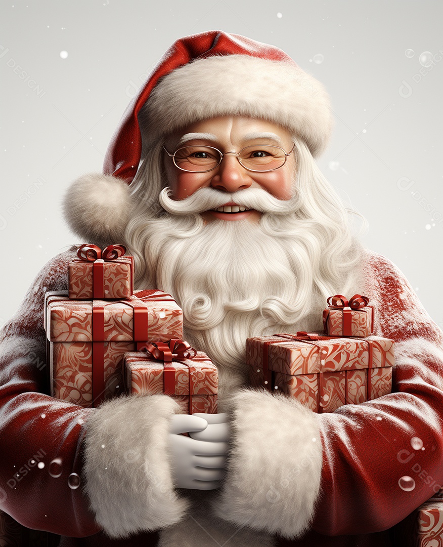 Papai Noel 3d com algumas caixas de presente em fundo branco transparente