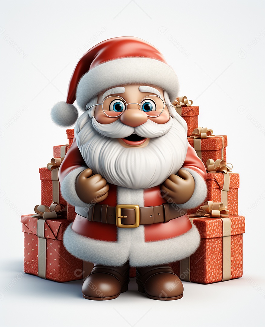 Papai Noel 3d com algumas caixas de presente em fundo branco transparente