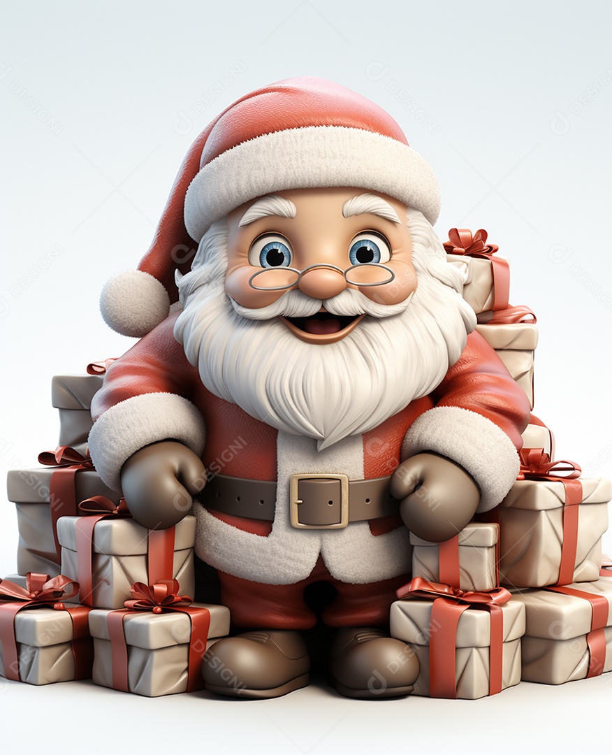 Papai Noel 3d com algumas caixas de presente em fundo branco transparente