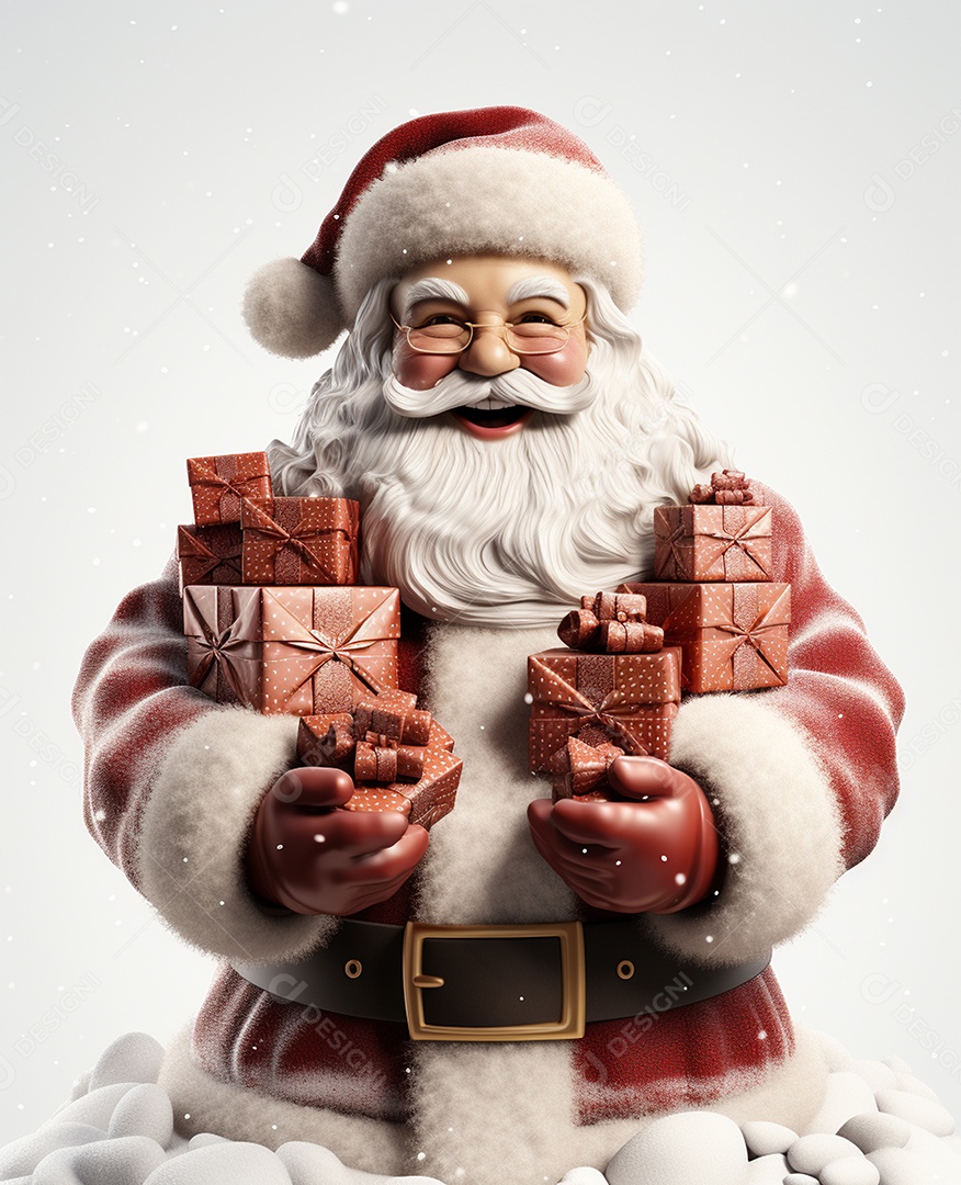 Papai Noel 3d com algumas caixas de presente em fundo branco transparente