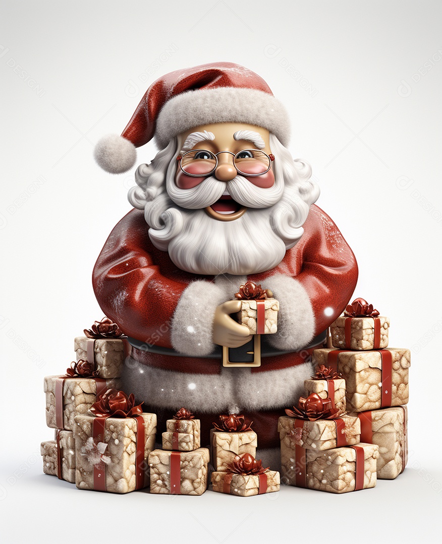 Papai Noel 3d com algumas caixas de presente em fundo branco transparente